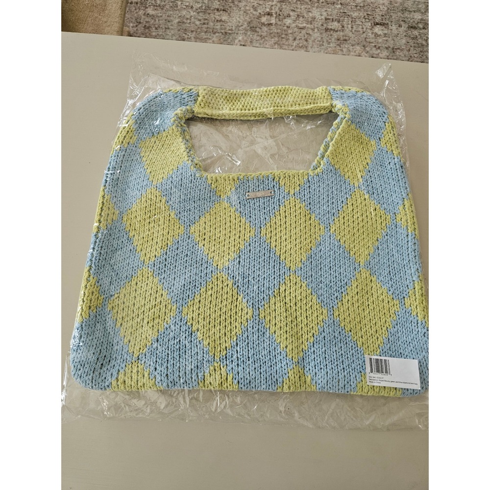 Kopari Beauty Green and Blue Diamond Knit Tote Bag Argyle Hobo BAG-2026-07